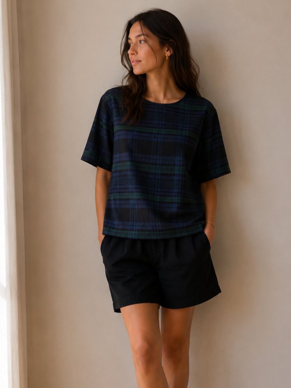 COS Blackwatch Plaid Oversized Cotton Top Women’s S Navy Green Check Boxy Minima